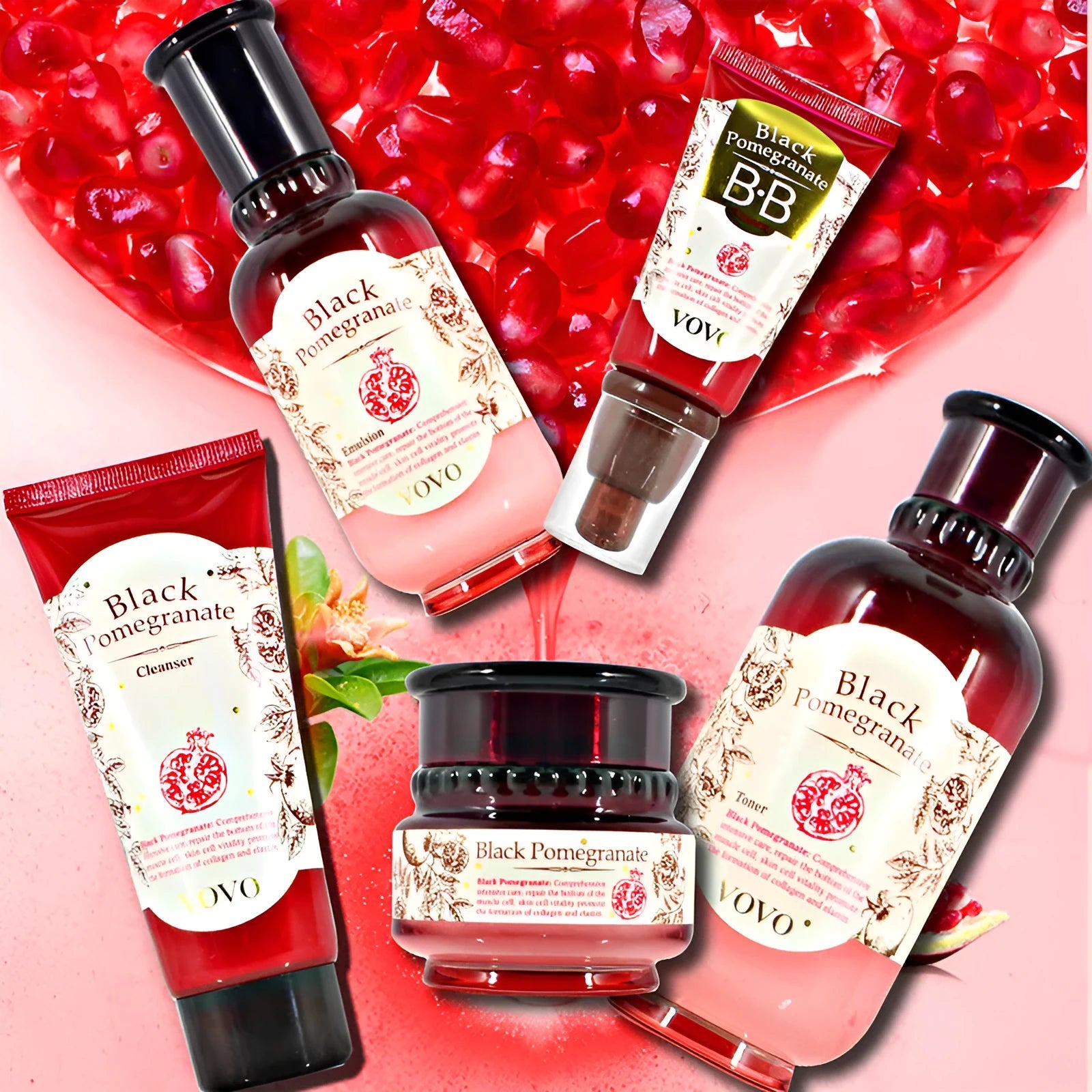 Pomegranate Extract Moisturising Water bottle, part of a skincare set with cream, essence, eye cream and cleanser.