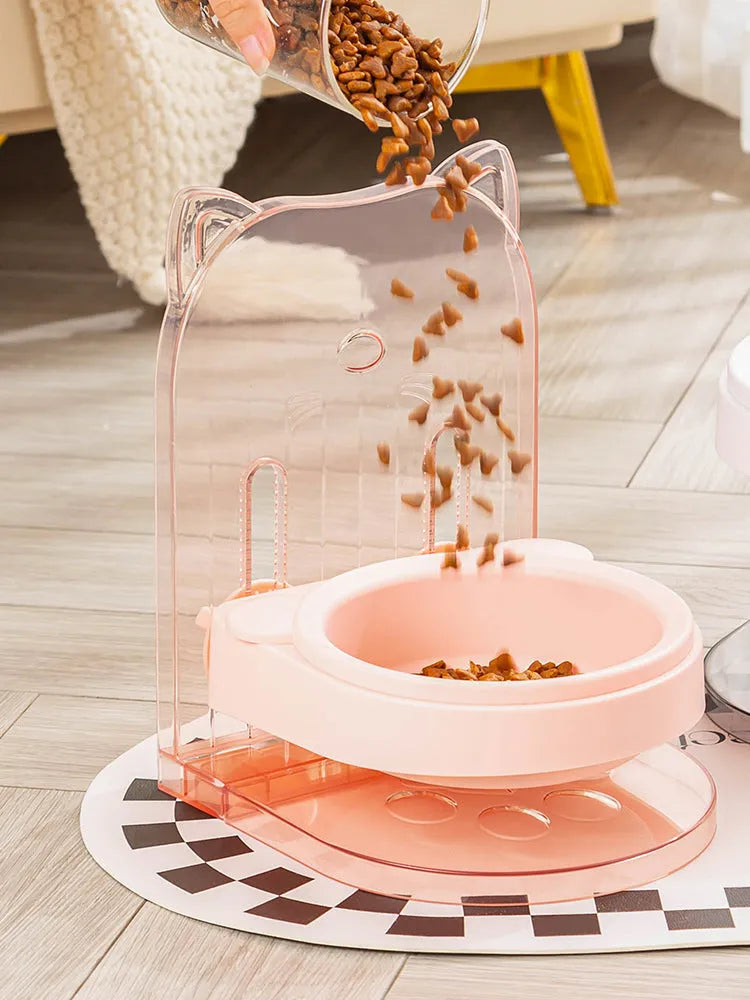 Adjustable height anti spill cat bowl with removable hanging cage in grey colour