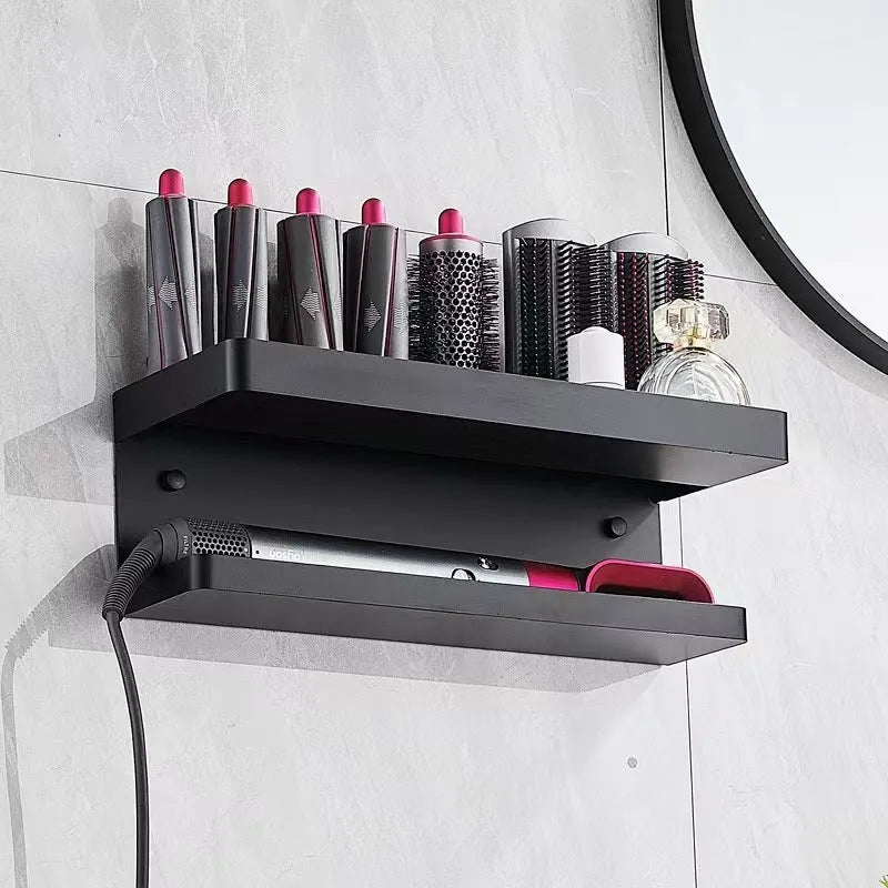 White aluminium double-layer bathroom storage rack holding hair curlers with adhesive wall mounting