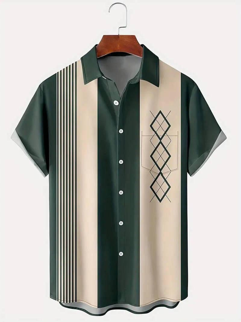 Man wearing a loose fit plaid short sleeve shirt with a lapel collar in a cardigan style.
