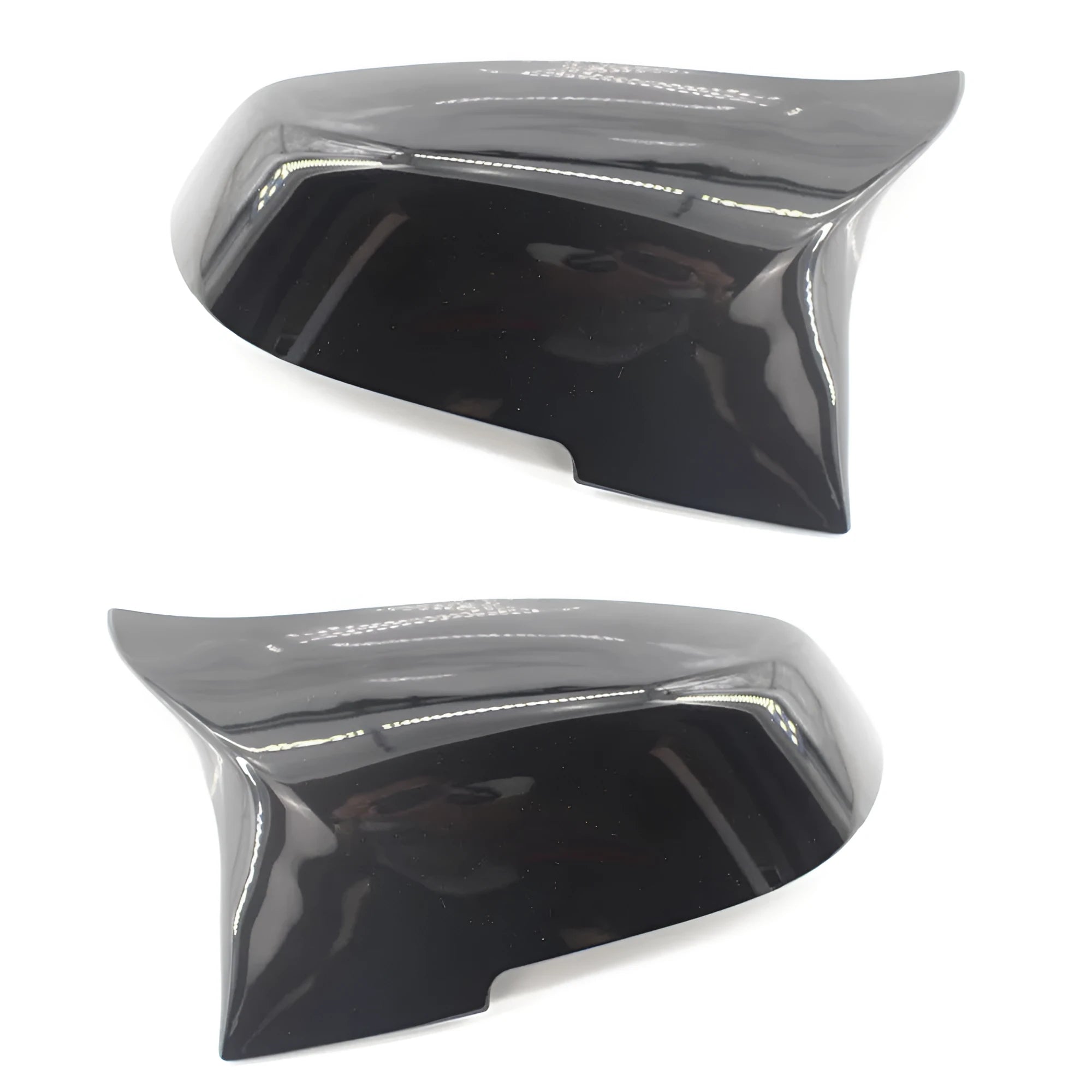 Pair of paint bright black BMW rear-view mirror replacement shells for 3 Series and 4 Series models.