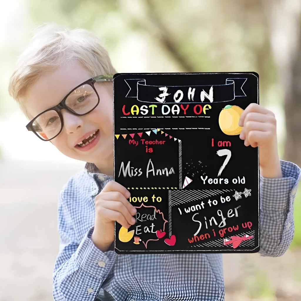 Wooden first day of school blackboard ornament measuring 25.5 by 30 centimetres.