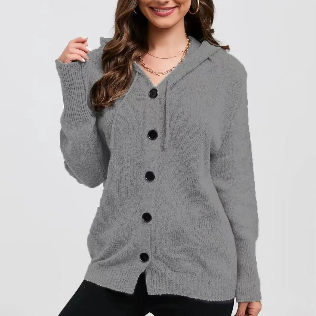 Women's solid colour thick cotton hooded cardigan sweater with 3D pattern, shown in loose fit.