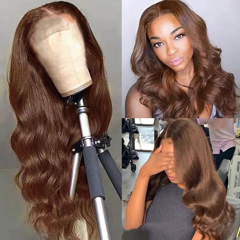 Brown human hair wig with 13x6 lace front and 150% density on a mannequin head