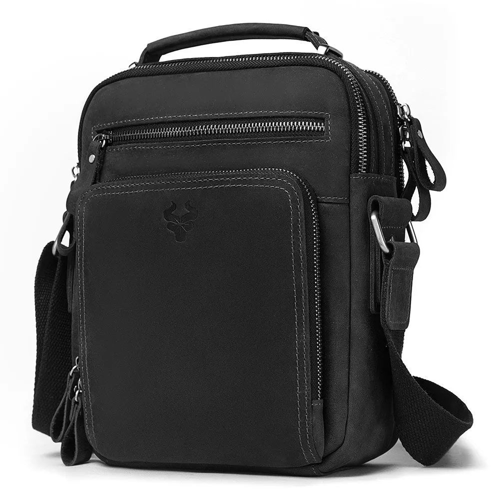 Men's brown Crazy Horse leather retro style crossbody bag with sewing line details.