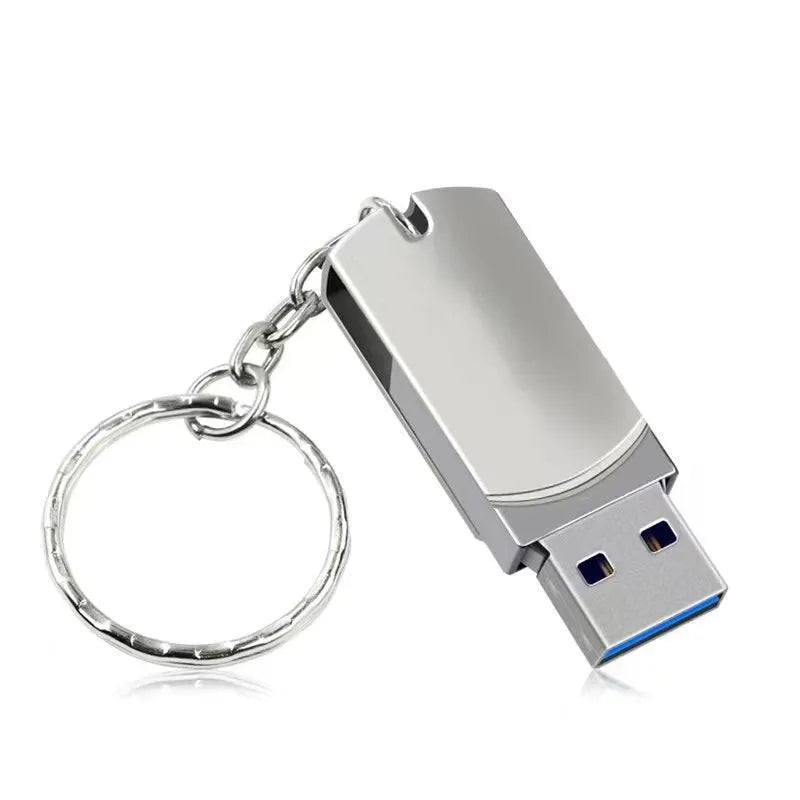 Small white metal USB flash drive with rotating mechanism showing compact 34mm design