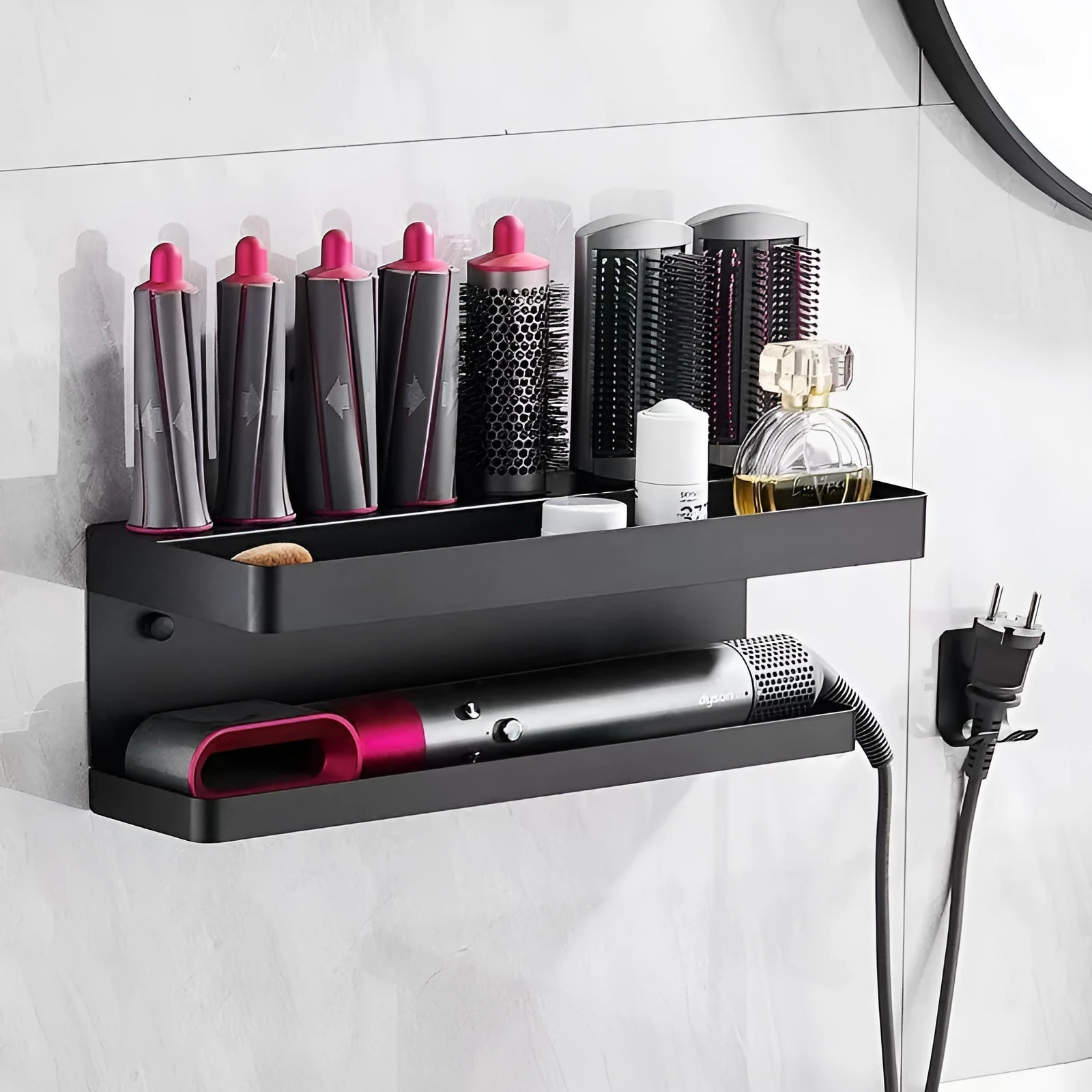 White aluminium double-layer bathroom storage rack holding hair curlers with adhesive wall mounting