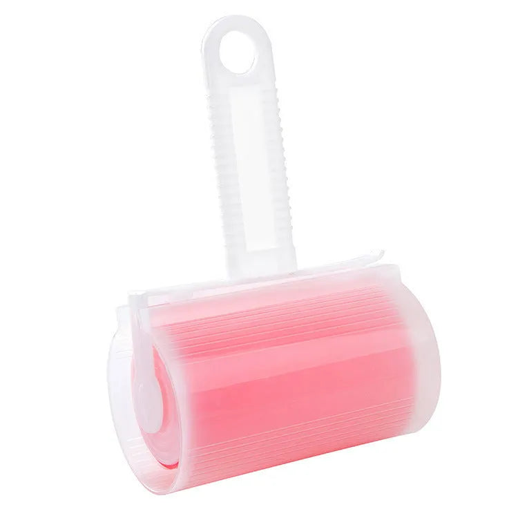 Washable reusable lint roller for pet hair removal in blue, green, pink, or yellow with cover.