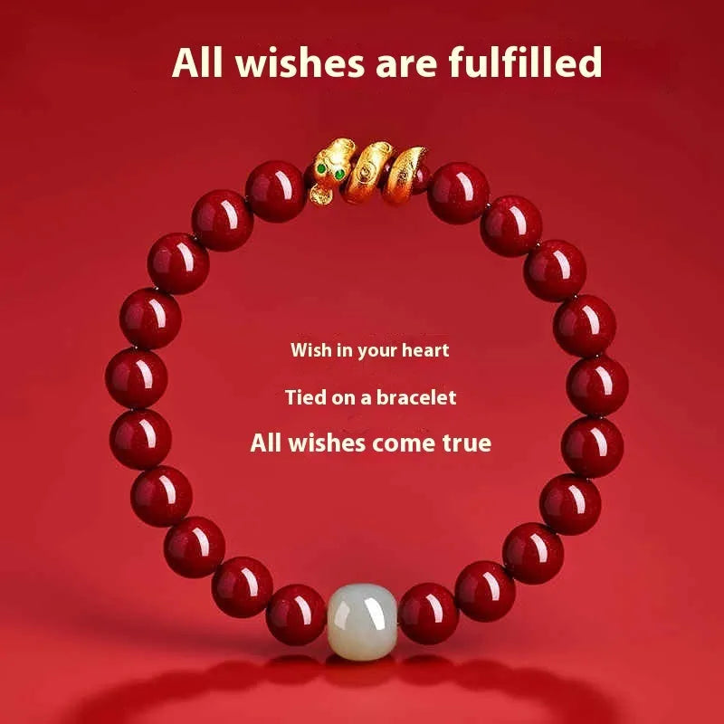 Handmade cinnabar snake year bracelet with Zodiac animal design, showing snake beads in traditional Chinese style.