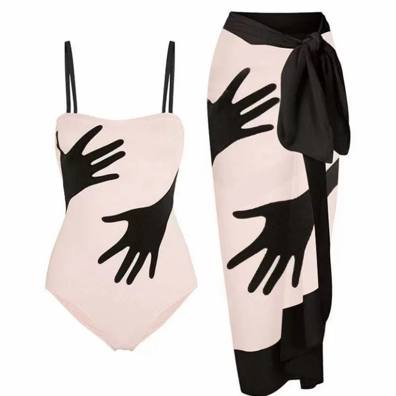 Women's patterned one-piece bikini swimsuit with attached tulle skirt in polyester fabric