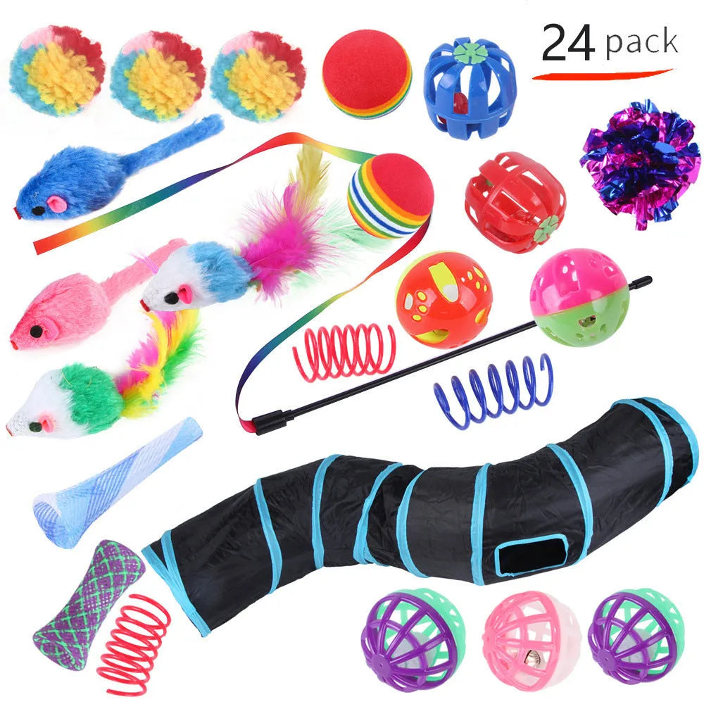 Plastic cat toy channel maze set with coloured accessories for feline play