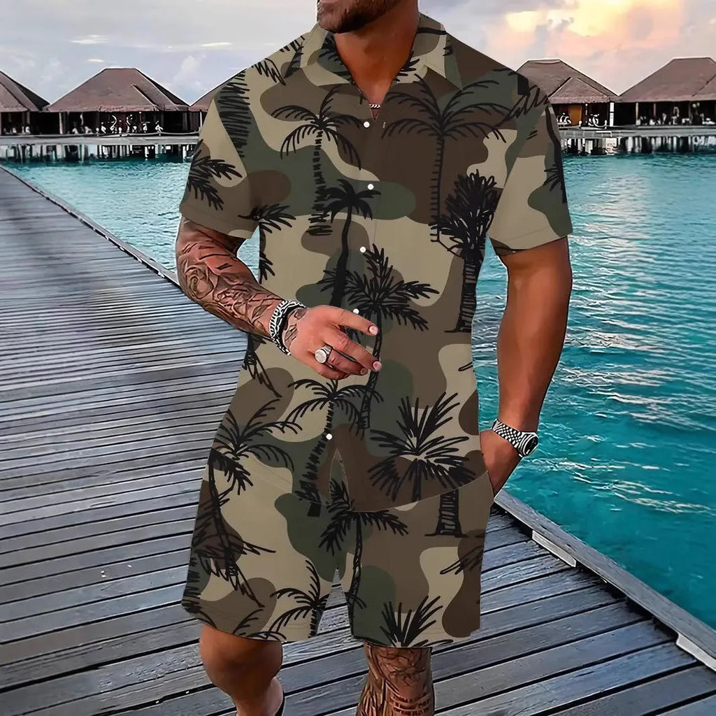 Men's Hawaiian 3D printed short sleeve suit with matching trousers in various colours