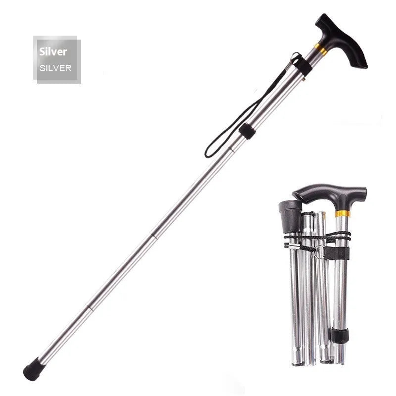 Aluminium folding walking stick extended to show adjustable height and rubber tip