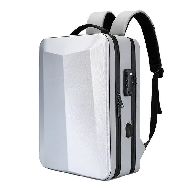 Black waterproof business backpack made from ABS PC and Oxford cloth with curved shoulder straps