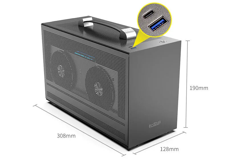 Three Hummingbird PRO portable ITX desktop chassis in titanium gray or white with tinned steel construction