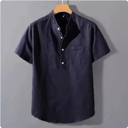 Men's beige casual stand collar short sleeve shirt made from slub linen blend fabric.