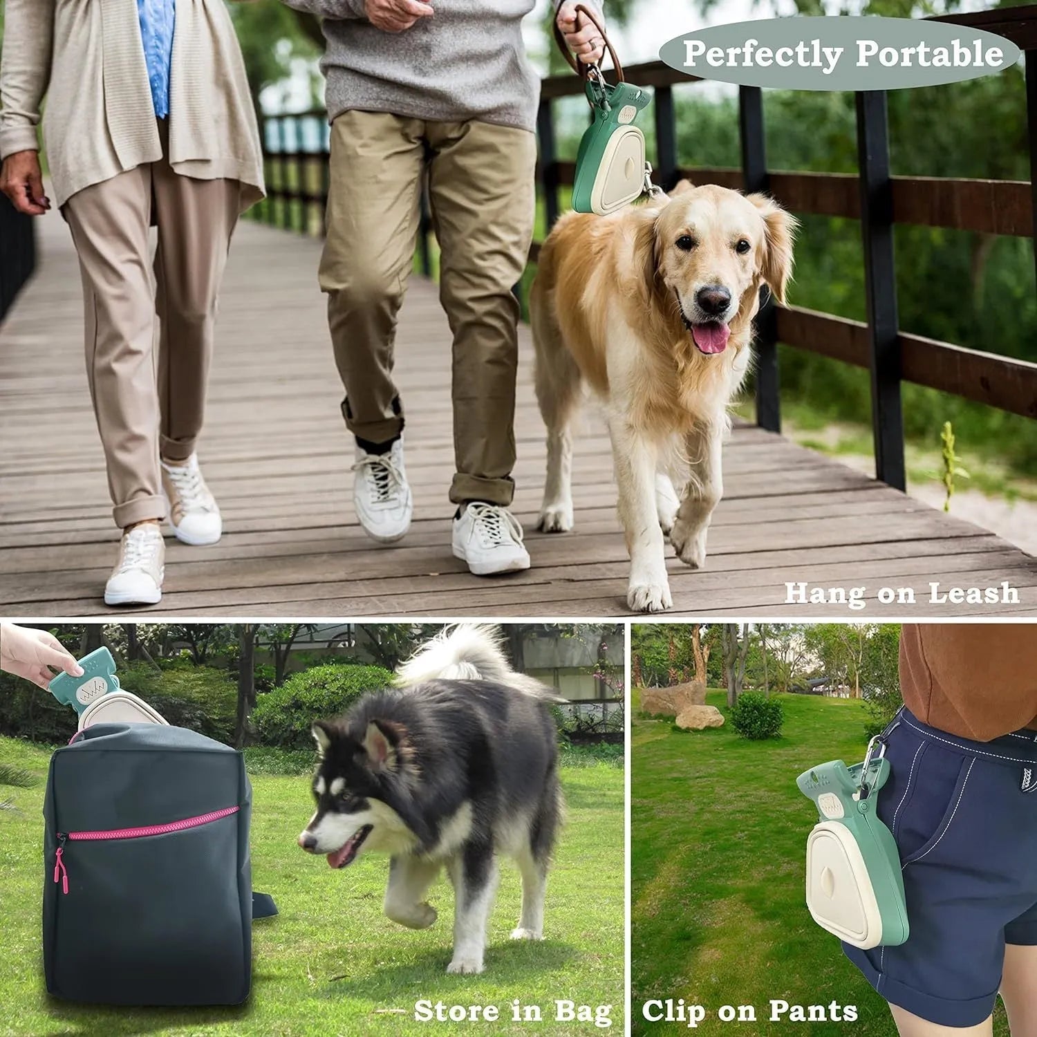 Blue portable dog pooper scooper with clip and expandable waste container next to a dog leash.