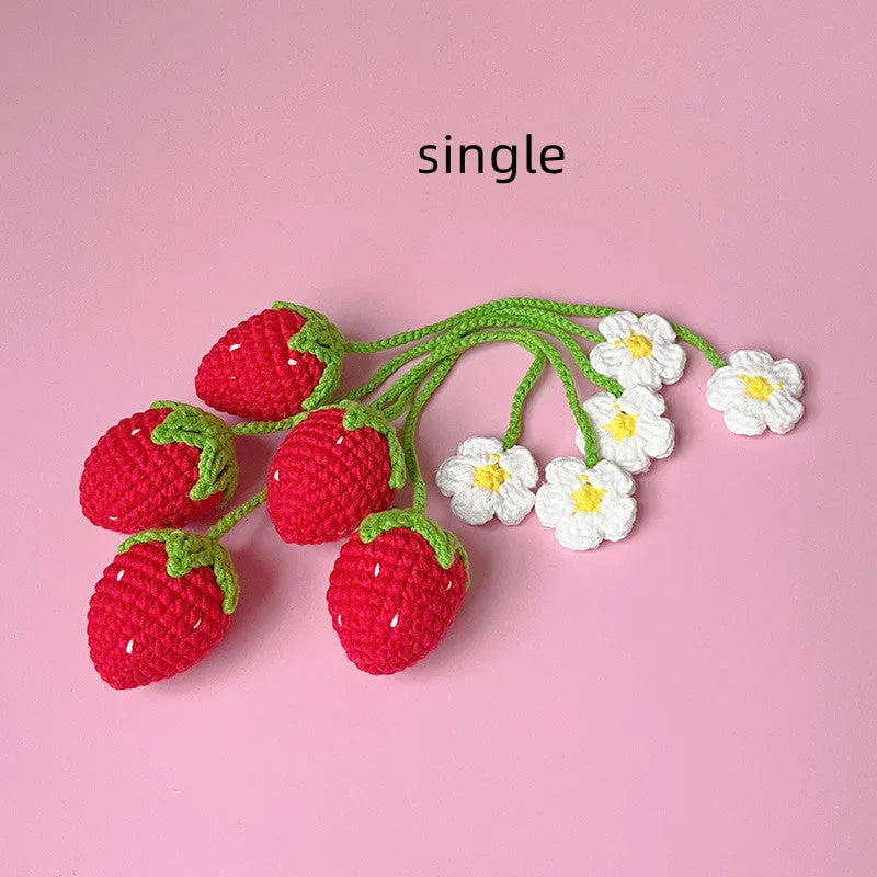 Handmade wool crochet strawberry pendant necklace with woven detail on 35cm cord