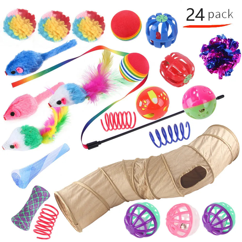 Plastic cat toy channel maze set with coloured accessories for feline play