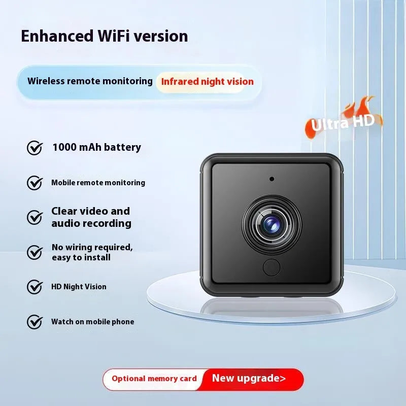Wireless black security camera with 360-degree rotation on stand showing night vision capability