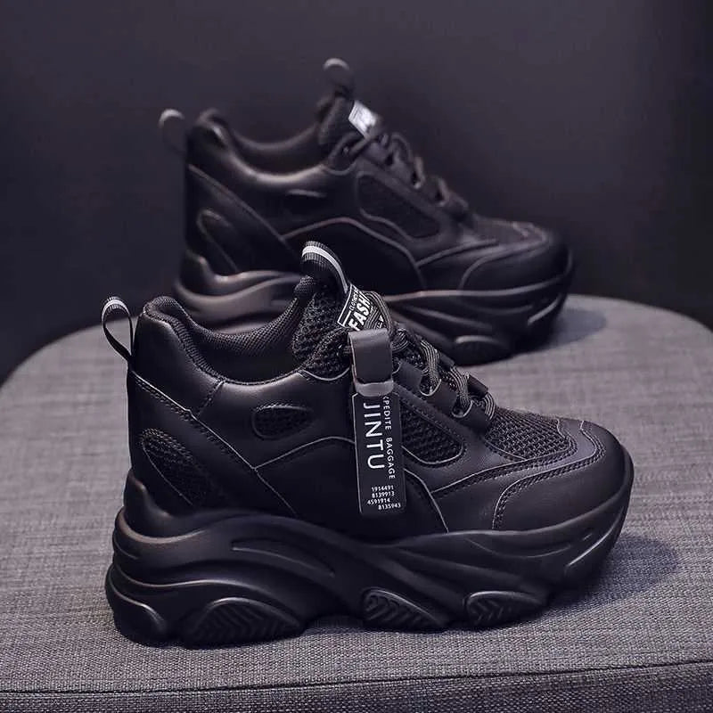 Men's black mesh platform casual shoes with TPR soles and hollow-out design details