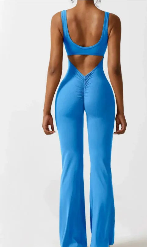 Women's black milk silk yoga bodysuit with hollow back and seamless construction on a mannequin.