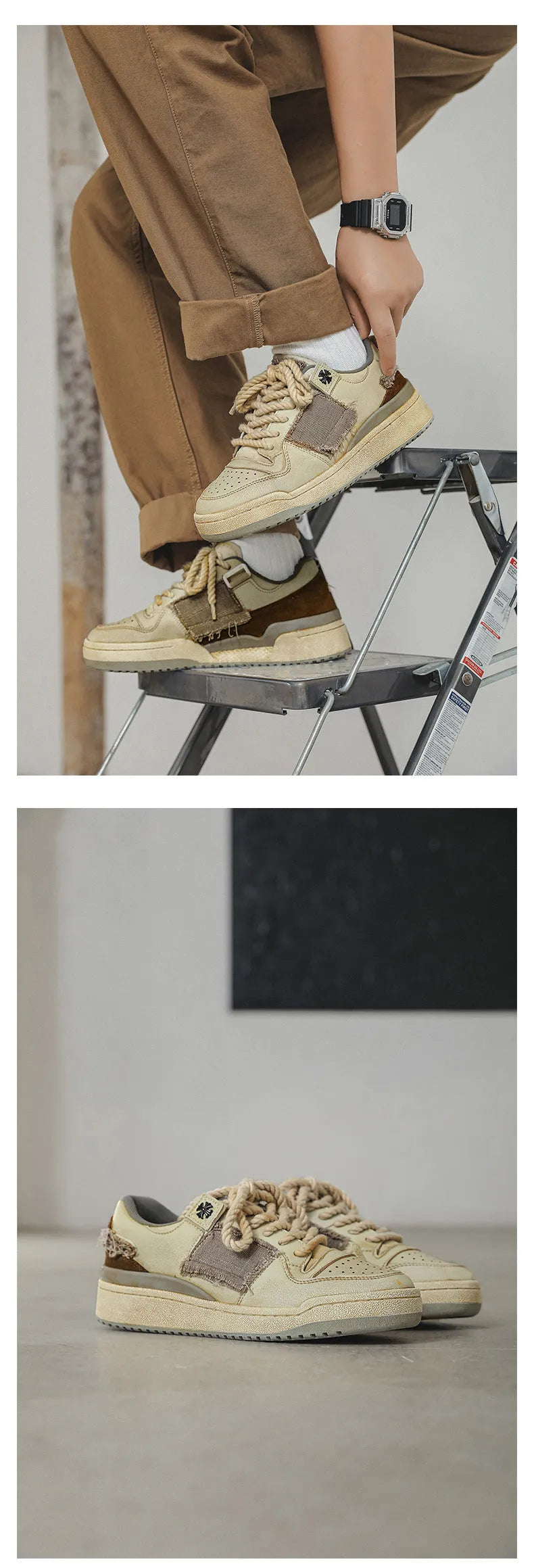 Beige low-top casual skateboard shoes with round toe and front lace-up on a rubber sole.