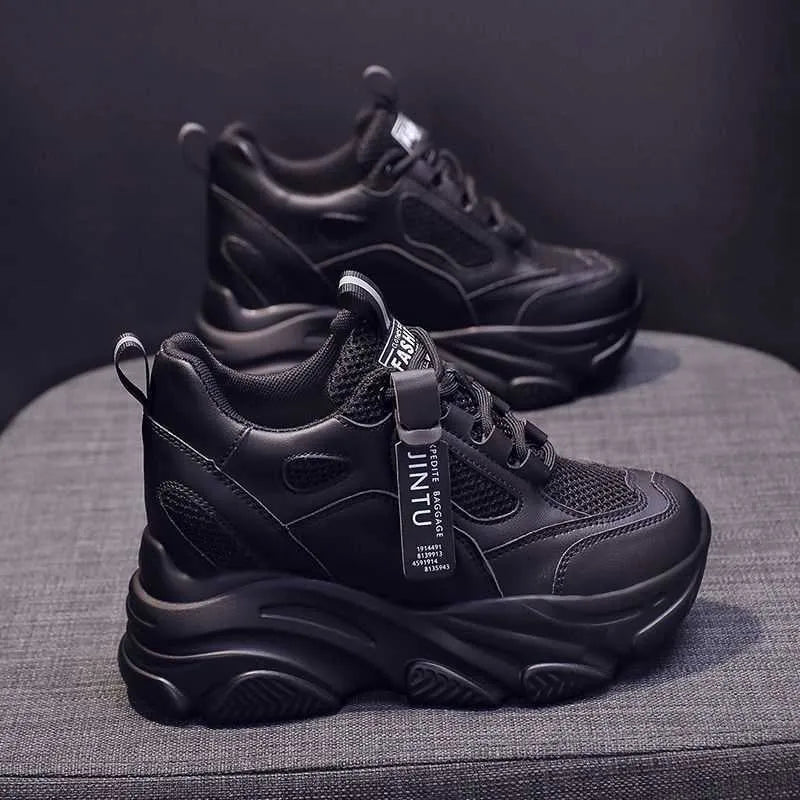 Men's black mesh platform casual shoes with TPR soles and hollow-out design details