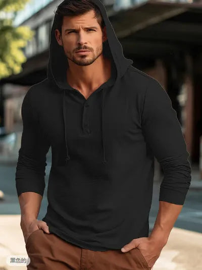 Men's cotton hooded sweatshirt in dark blue with pullover design and long sleeves