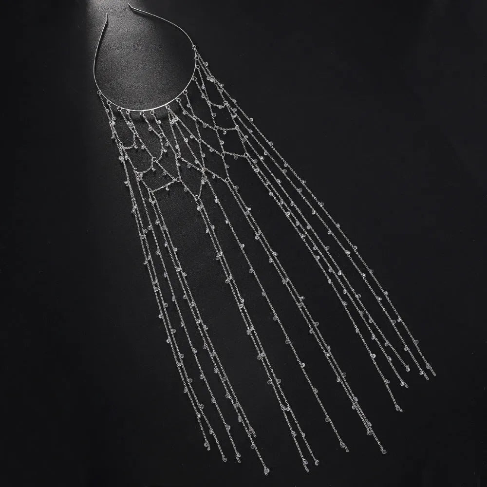 Gold and silver mesh hair bands with rhinestone bead trim and a tassel decorative element.