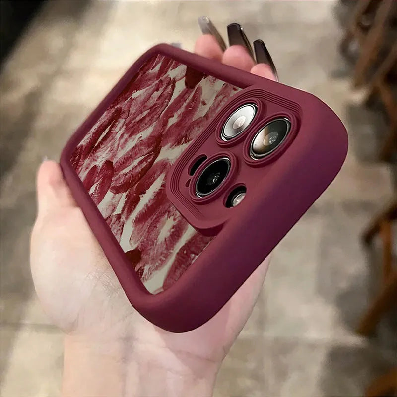 Red lip print TPU phone case in wine red for Apple iPhone models with frosted finish and corner airbag protection