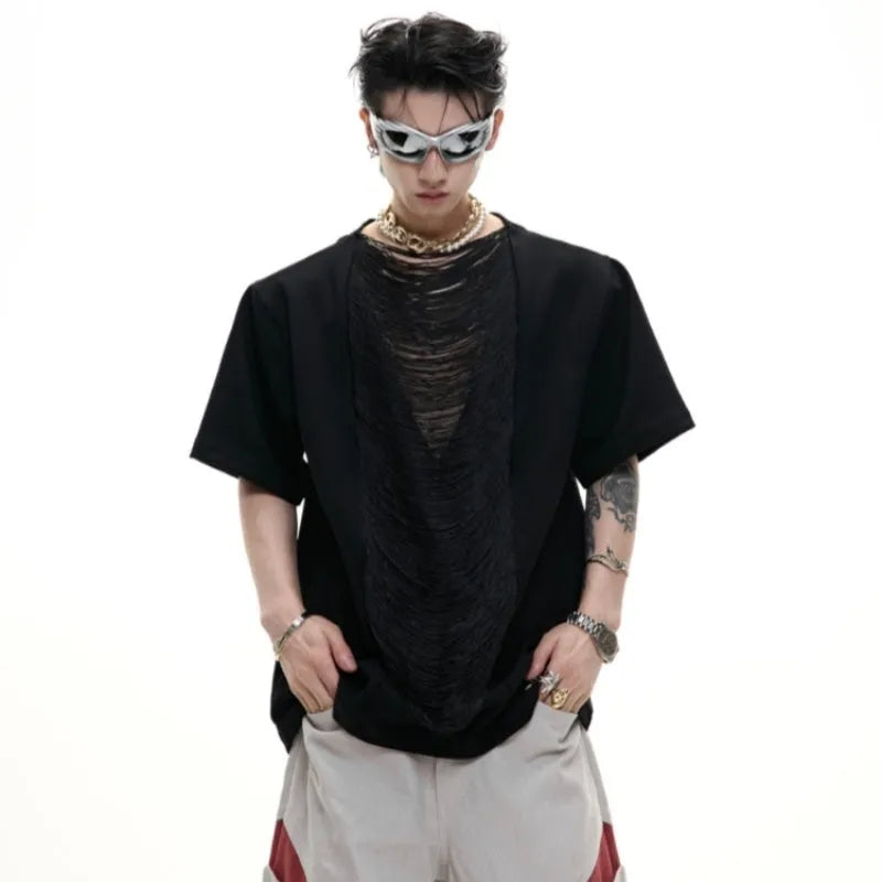Polyester men's short sleeve t-shirt with hollow out V-neck in drum black