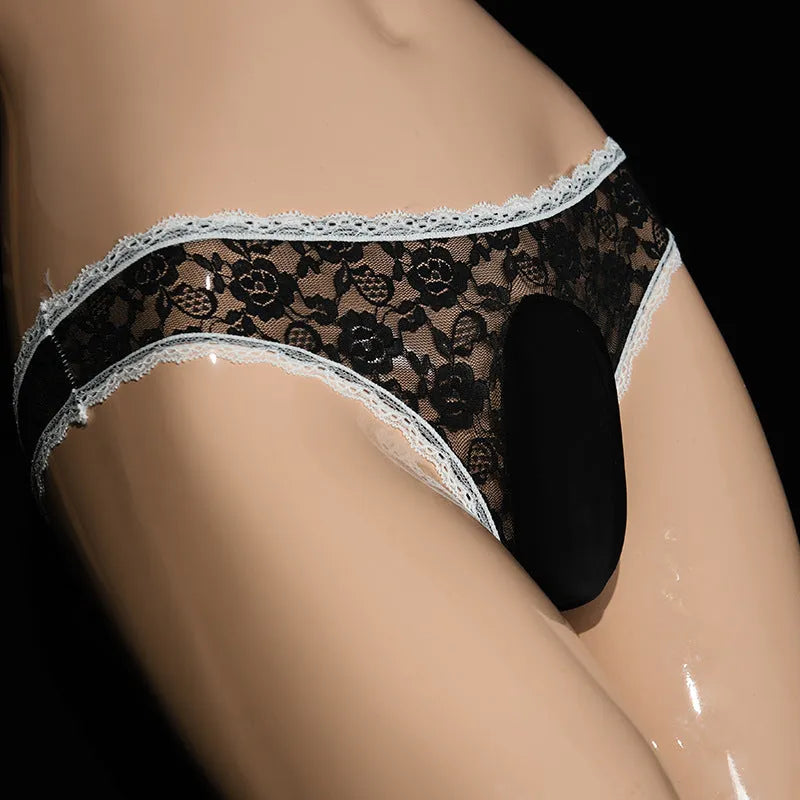 Men's lace triangle briefs with vertical bag egg design and penis cover in black colour