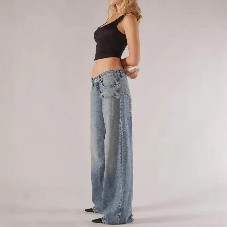 Loose straight wide leg cotton trousers in blue colour with low waist and stitching details