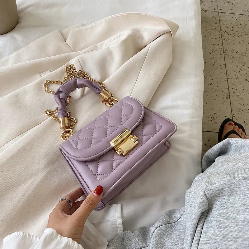 Korean style purple PU fabric rhombus shaped small square ladies shoulder bag with chain strap