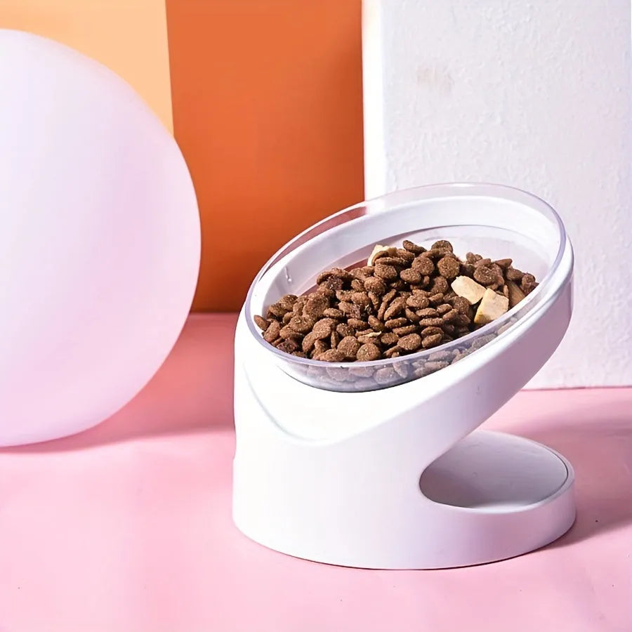 White elevated cat food bowl with clear tilted plastic design for dry and wet food