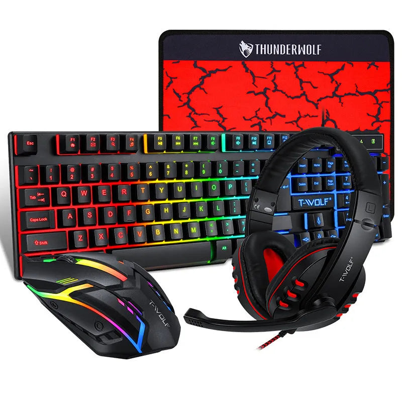 Thunder Wolf T800 gaming keyboard and mouse set with headset and mouse pad on desk