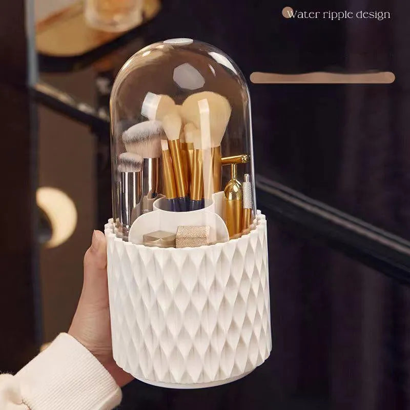 White rotating transparent acrylic makeup brush storage holder with dustproof lid on desktop