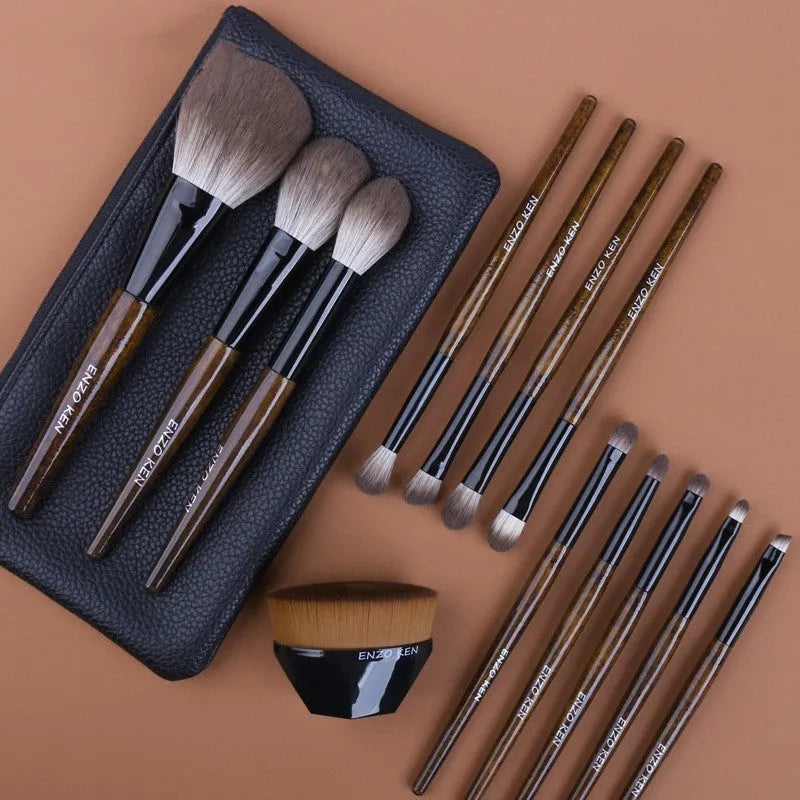 12-piece makeup brush set with wooden handles in grey PU storage case