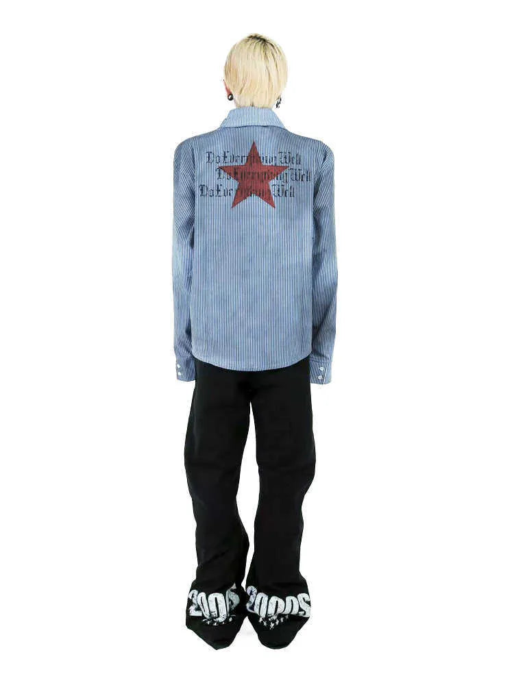 Men's washed-out blue striped casual shirt with lapel collar and long sleeves