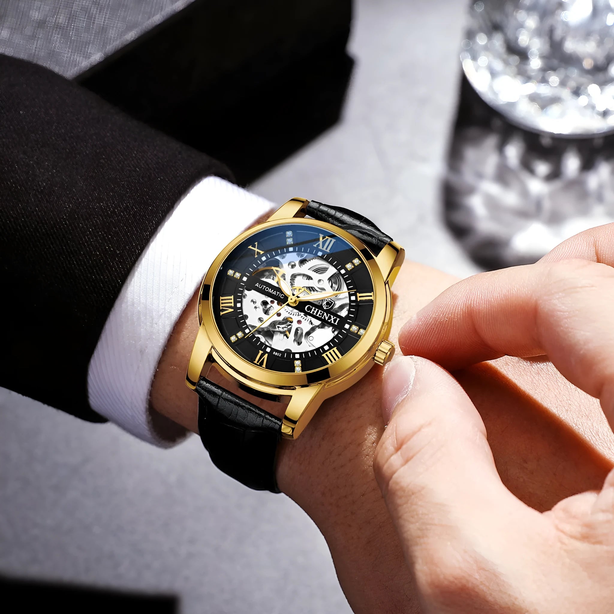 Hollow automatic mechanical watch with belt and black or gold shell, 13mm thickness, men's business style