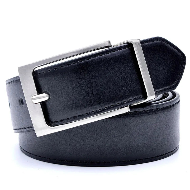 Men's brown and black genuine leather belt with a silver rotating pin buckle, shown on a flat surface.