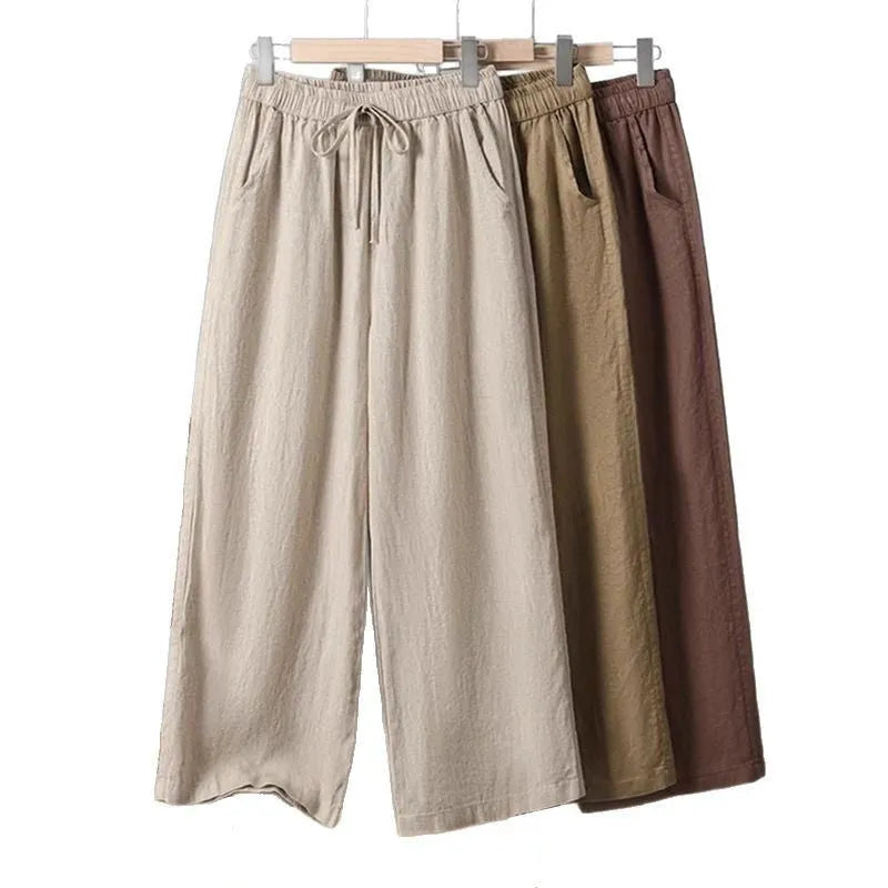 Women's straight-leg casual trousers with drawstring elastic waist in apricot, khaki, brown or black