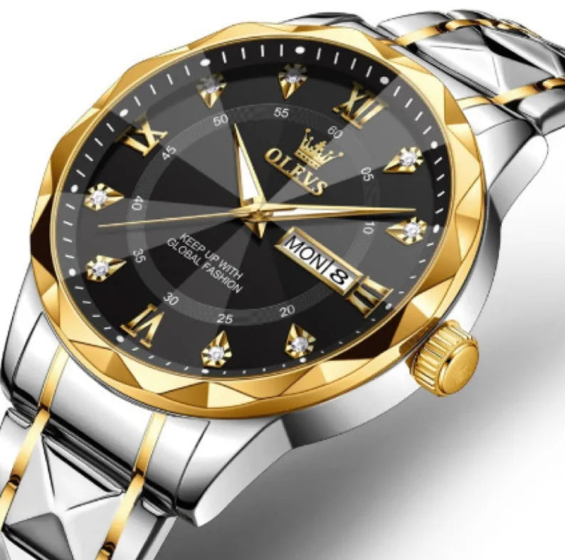 OLEVS 2025 men's luminous waterproof business quartz watch with stainless steel strap, 11mm slim case, steel band blue