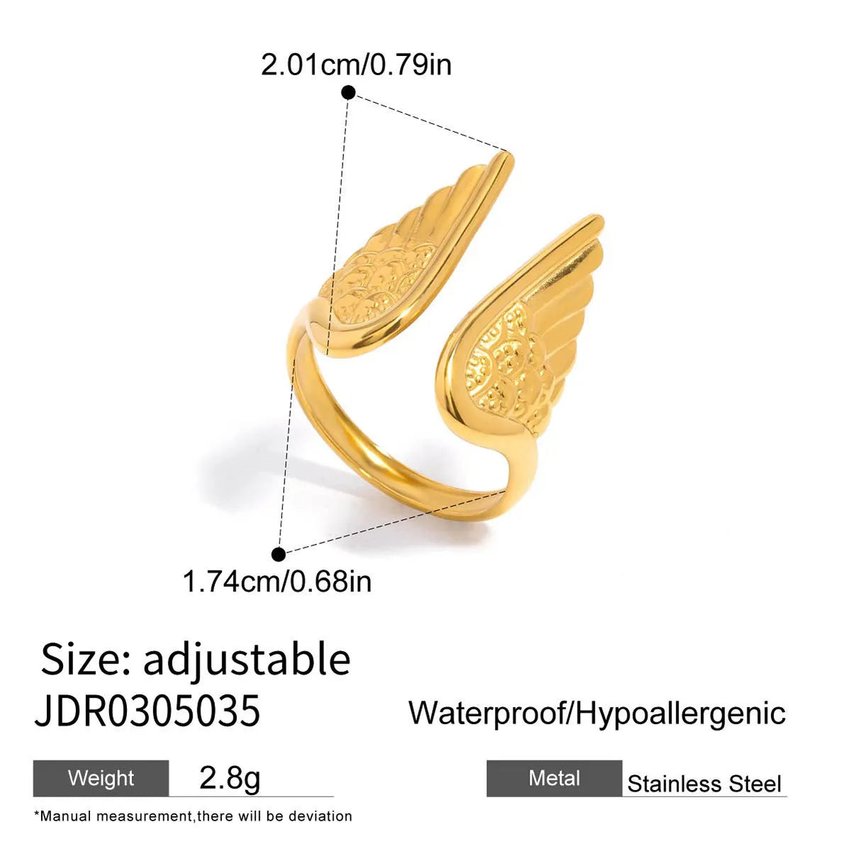 Stainless steel Wings Ring with adjustable opening and electroplated colour finish