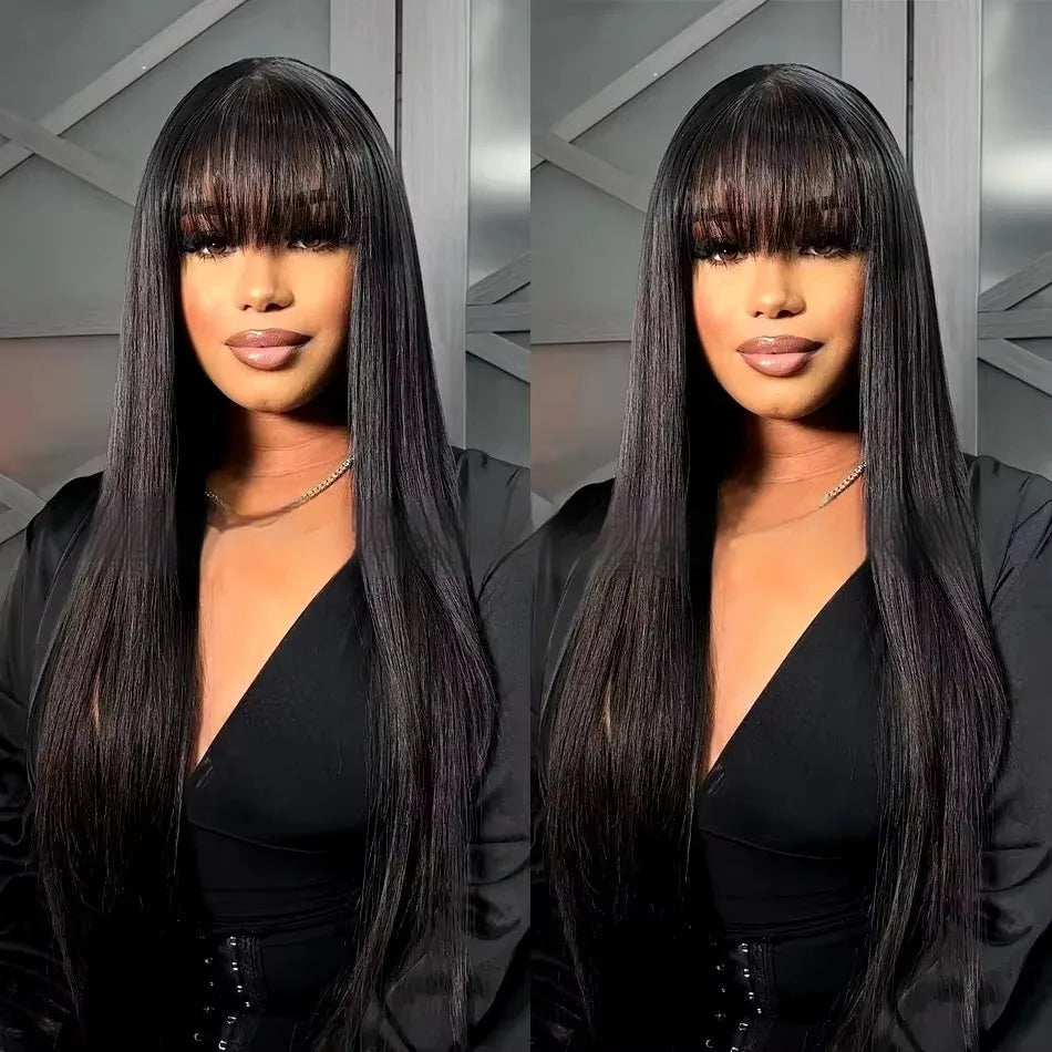 Women's natural colour human hair wig with full-mechanism headgear, shown in long length.