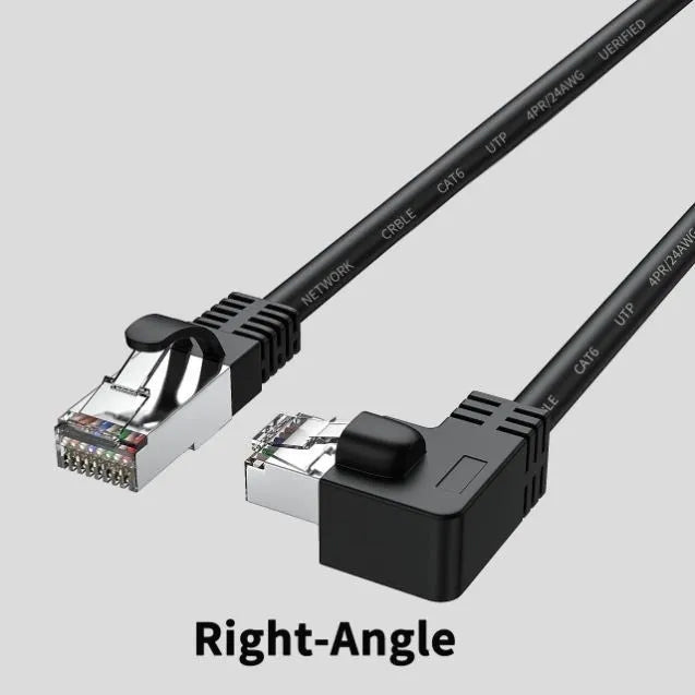 Cat6 Ethernet cable with angled RJ45 connectors in various colours and lengths on a grey background