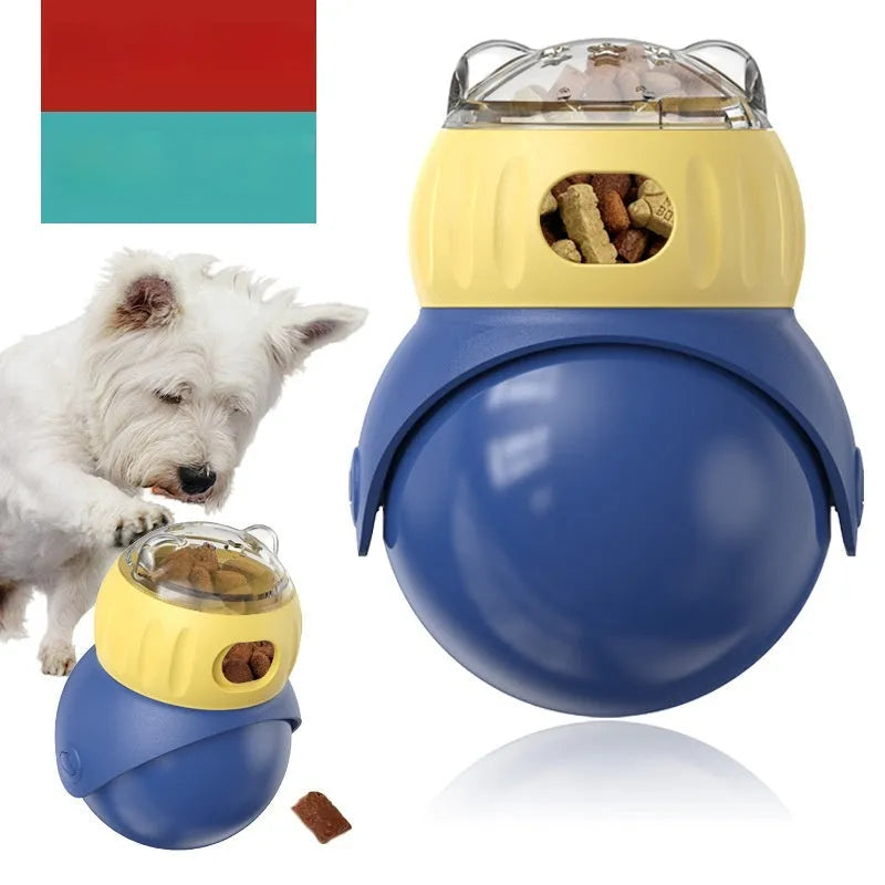 Yellow and blue owl-shaped cat food puzzle tumbler feeder with adjustable leakage mechanism