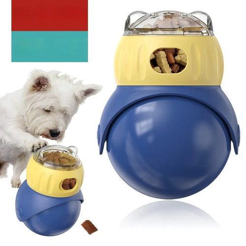 Yellow and blue owl-shaped cat food puzzle tumbler feeder with adjustable leakage mechanism