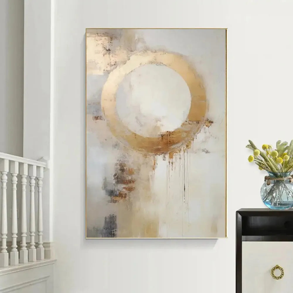 Handmade oil painting canvas wall art modern abstract golden circle design rolled frameless